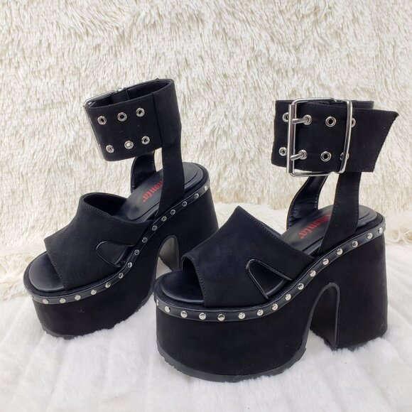 Demonia Shoes - Camel 102 Stacked Black Velvet Platform Sandals Goth Punk Demonia Emo
